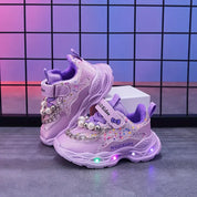 Tênis Infantil Feminino Luminoso LED Pérolas Lantejoulas Velcro Sola Macia PU 20 ao 27 — foto 9