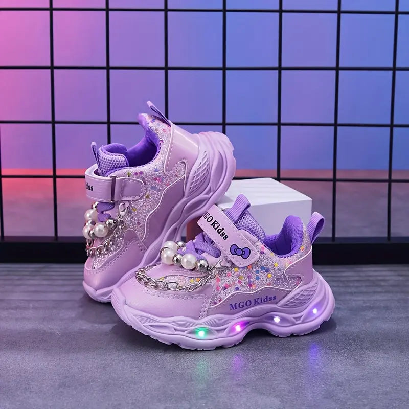 Tênis Infantil Feminino Luminoso LED Pérolas Lantejoulas Velcro Sola Macia PU 20 ao 27 — foto 9