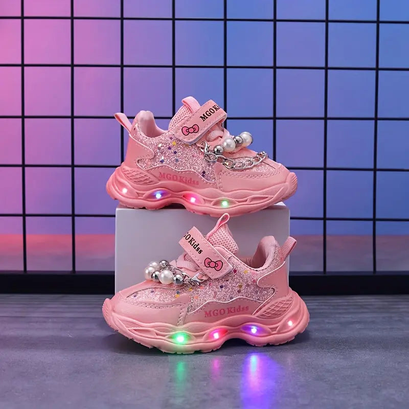 Tênis Infantil Feminino Luminoso LED Pérolas Lantejoulas Velcro Sola Macia PU 20 ao 27 — foto 10