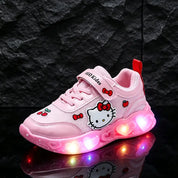 Tênis Infantil Feminino com Luz LED Respirável Malha Velcro Desenho Animado Rosa e Branco 18 ao 25 — foto 1