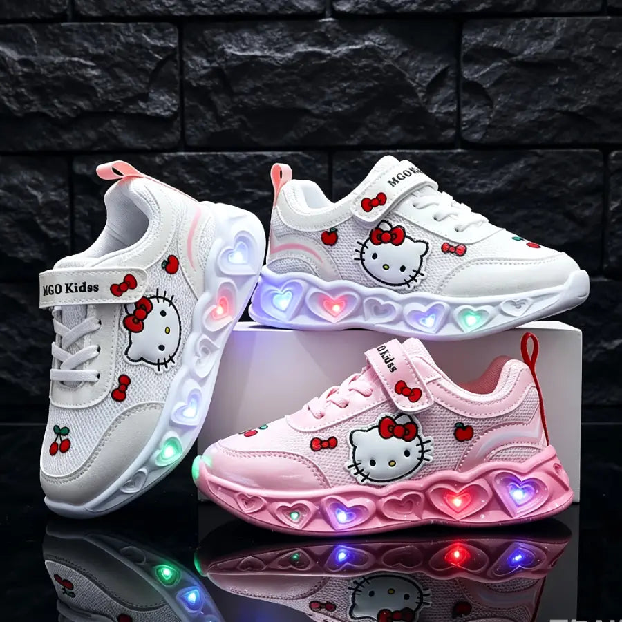 Tênis Infantil Feminino com Luz LED Respirável Malha Velcro Desenho Animado Rosa e Branco 18 ao 25 — foto 2