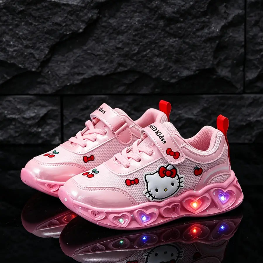 Tênis Infantil Feminino com Luz LED Respirável Malha Velcro Desenho Animado Rosa e Branco 18 ao 25 — foto 3