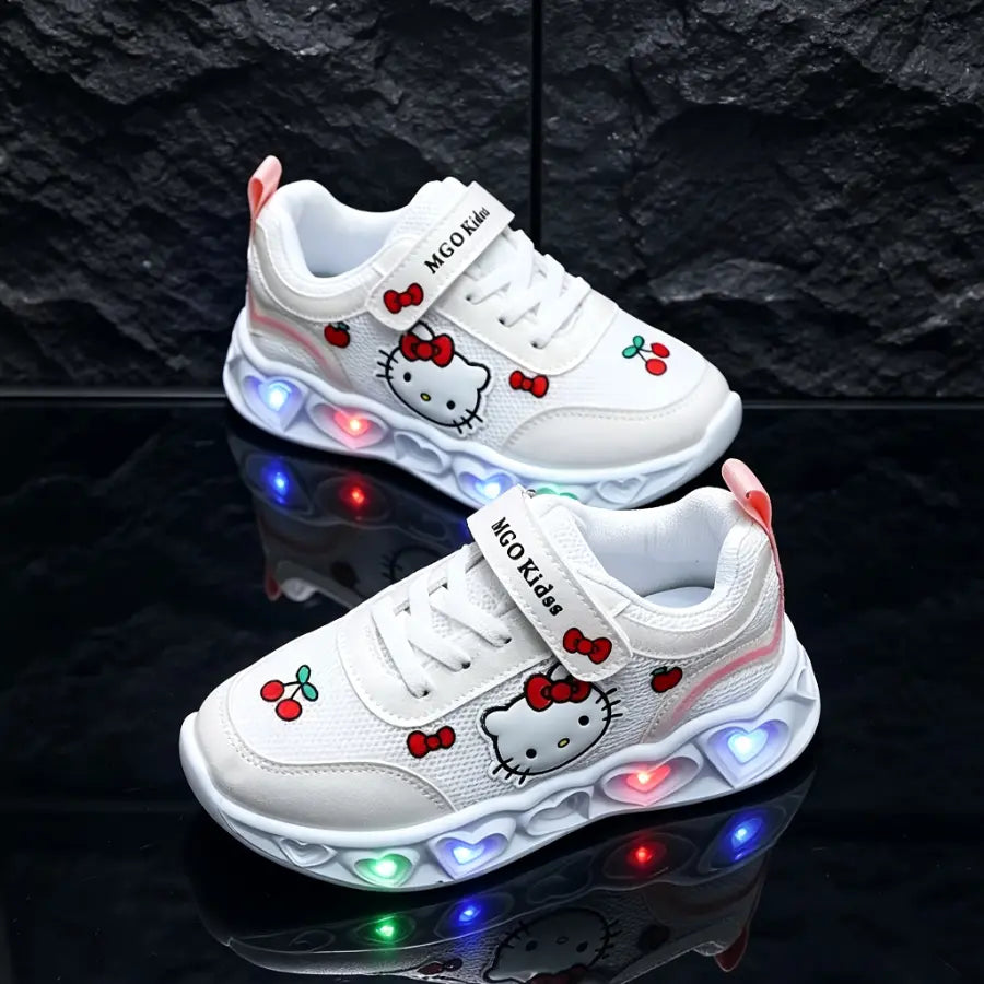 Tênis Infantil Feminino com Luz LED Respirável Malha Velcro Desenho Animado Rosa e Branco 18 ao 25 — foto 6