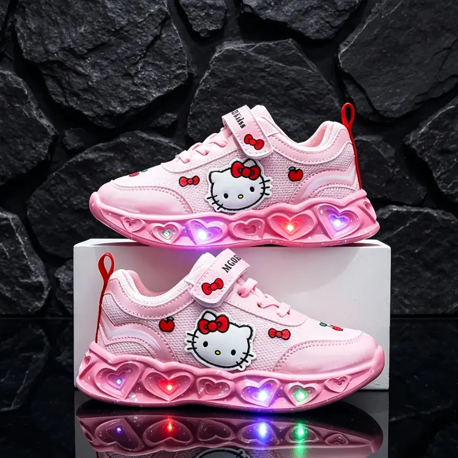 Tênis Infantil Feminino com Luz LED Respirável Malha Velcro Desenho Animado Rosa e Branco 18 ao 25 — foto 7