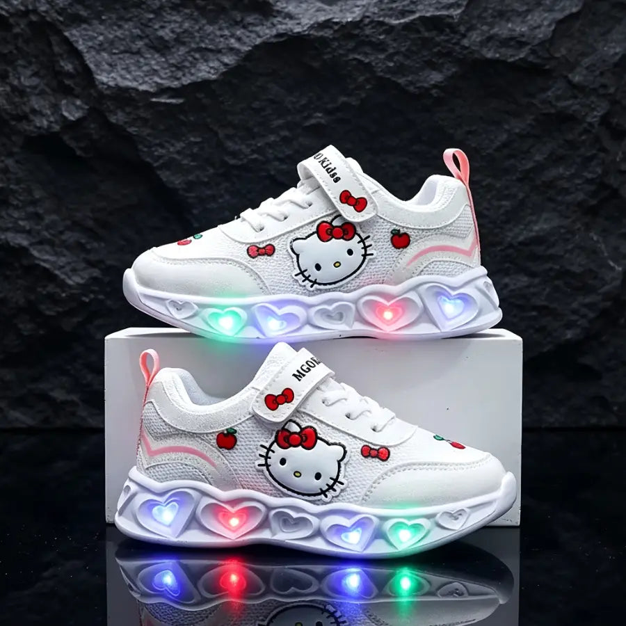 Tênis Infantil Feminino com Luz LED Respirável Malha Velcro Desenho Animado Rosa e Branco 18 ao 25 — foto 8