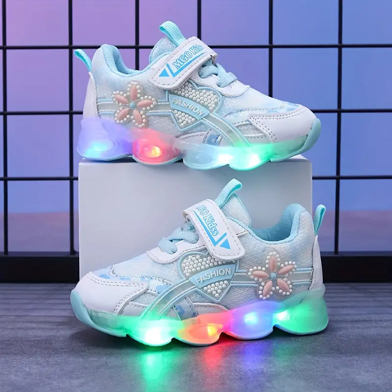 Tênis Infantil Feminino com Luz LED Respirável Malha Flores Velcro 20 ao 27 — foto 1