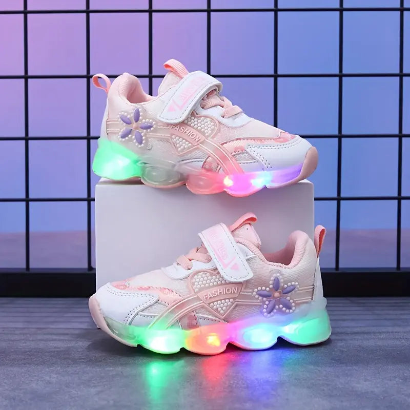 Tênis Infantil Feminino com Luz LED Respirável Malha Flores Velcro 20 ao 27 — foto 2