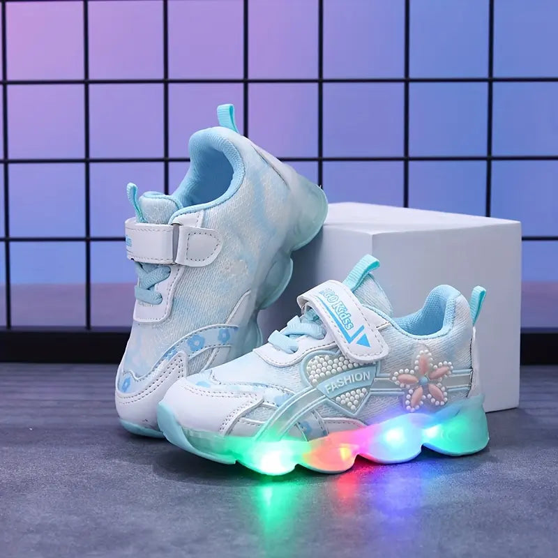 Tênis Infantil Feminino com Luz LED Respirável Malha Flores Velcro 20 ao 27 — foto 3