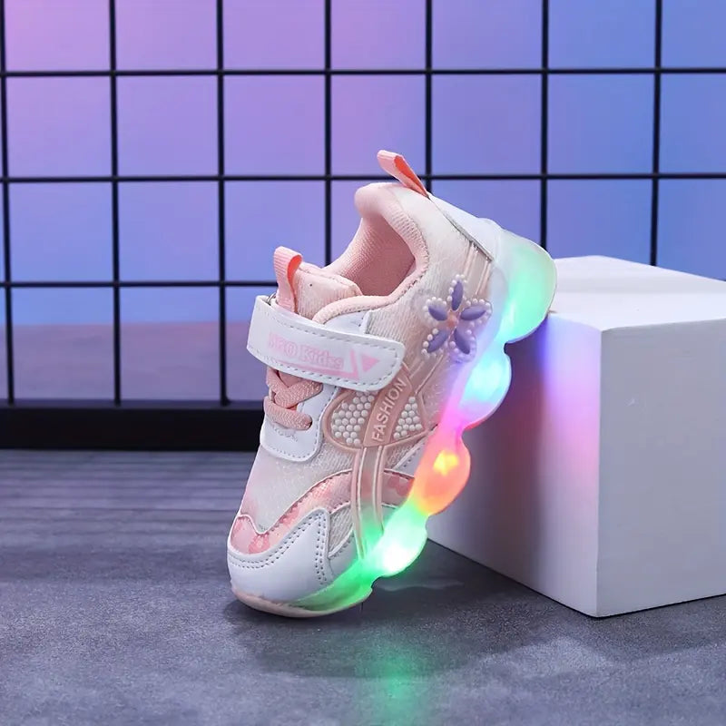Tênis Infantil Feminino com Luz LED Respirável Malha Flores Velcro 20 ao 27 — foto 4