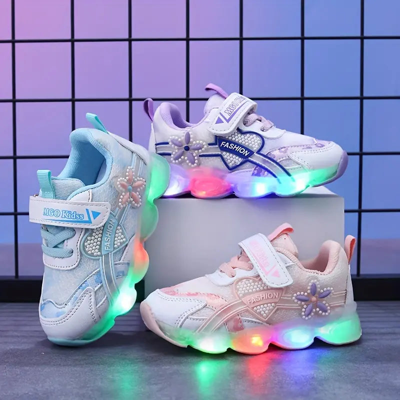 Tênis Infantil Feminino com Luz LED Respirável Malha Flores Velcro 20 ao 27 — foto 5