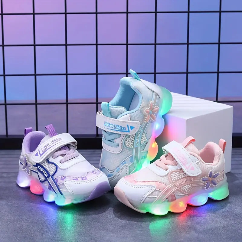 Tênis Infantil Feminino com Luz LED Respirável Malha Flores Velcro 20 ao 27 — foto 7