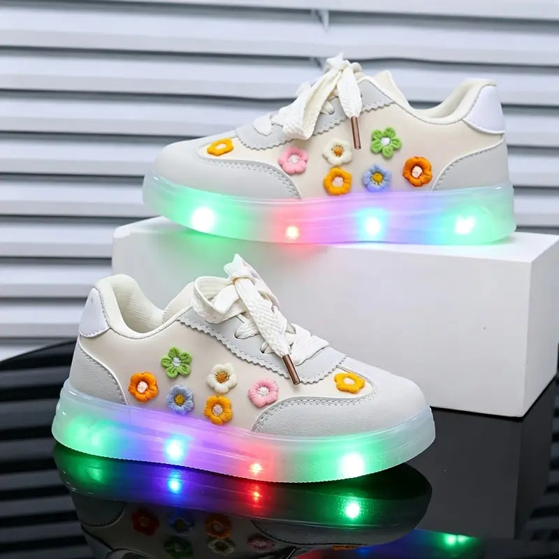 Tênis Infantil Feminino Luminoso LED Casual Flores em Relevo Cadarço PU 19 ao 27 — foto 1