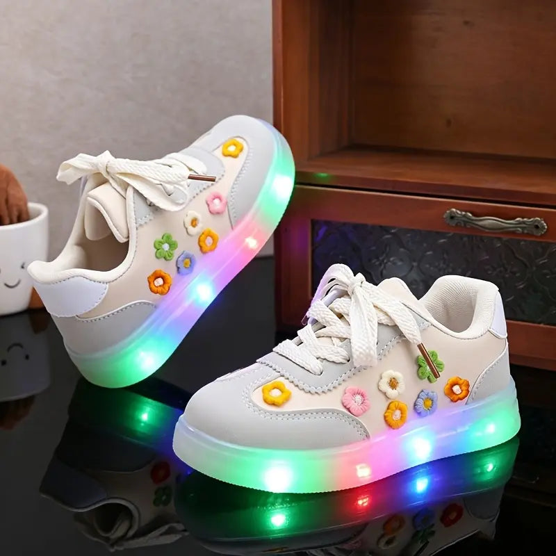 Tênis Infantil Feminino Luminoso LED Casual Flores em Relevo Cadarço PU 19 ao 27 — foto 2