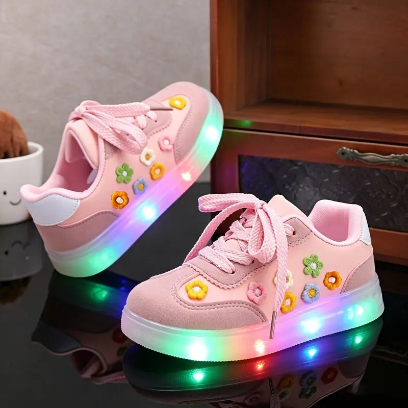 Tênis Infantil Feminino Luminoso LED Casual Flores em Relevo Cadarço PU 19 ao 27 — foto 4