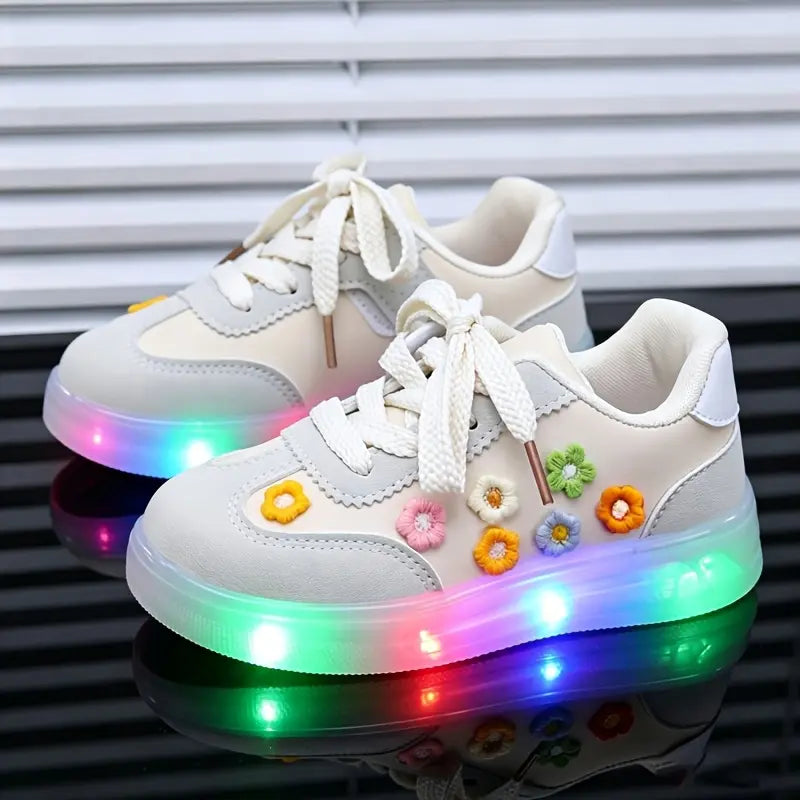 Tênis Infantil Feminino Luminoso LED Casual Flores em Relevo Cadarço PU 19 ao 27 — foto 7