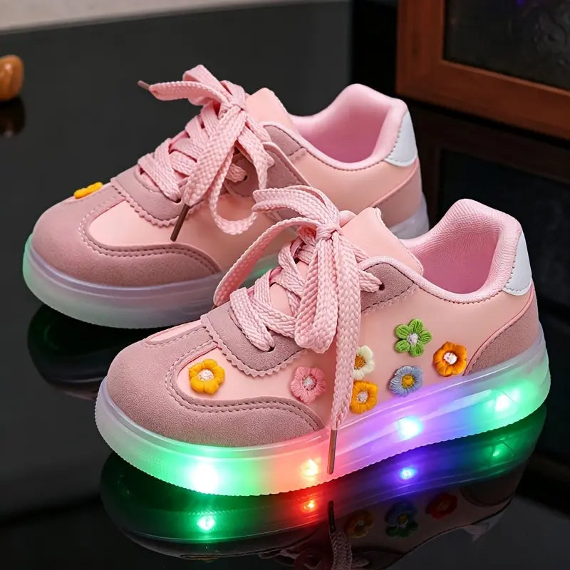 Tênis Infantil Feminino Luminoso LED Casual Flores em Relevo Cadarço PU 19 ao 27 — foto 8