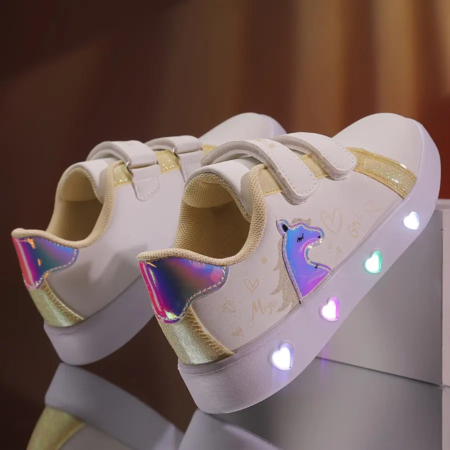 Tênis Infantil Feminino Luminoso LED Casual Estampa Unicórnio Coração Velcro Rosa e Dourado 23 ao 34 — foto 1