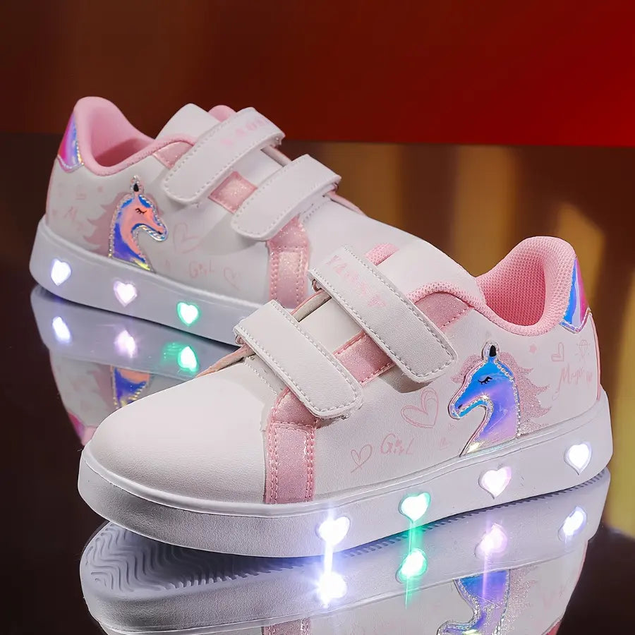 Tênis Infantil Feminino Luminoso LED Casual Estampa Unicórnio Coração Velcro Rosa e Dourado 23 ao 34 — foto 2