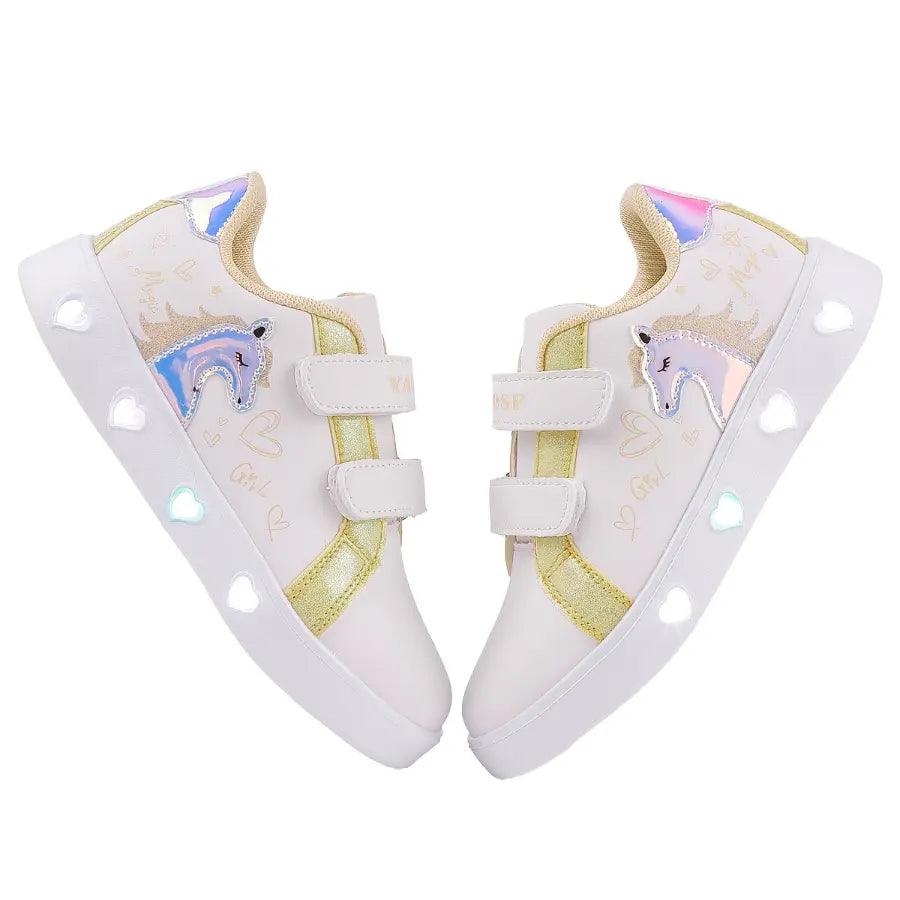 Tênis Infantil Feminino Luminoso LED Casual Estampa Unicórnio Coração Velcro Rosa e Dourado 23 ao 34 — foto 3