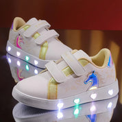 Tênis Infantil Feminino Luminoso LED Casual Estampa Unicórnio Coração Velcro Rosa e Dourado 23 ao 34 — foto 5