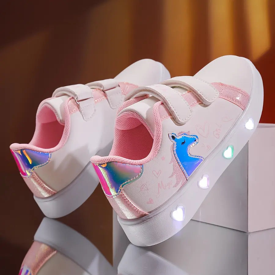 Tênis Infantil Feminino Luminoso LED Casual Estampa Unicórnio Coração Velcro Rosa e Dourado 23 ao 34 — foto 6