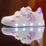 Tênis Infantil Feminino Luminoso LED Casual Estampa Unicórnio Coração Velcro Rosa e Dourado 23 ao 34 — foto 7