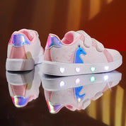 Tênis Infantil Feminino Luminoso LED Casual Estampa Unicórnio Coração Velcro Rosa e Dourado 23 ao 34 — foto 8