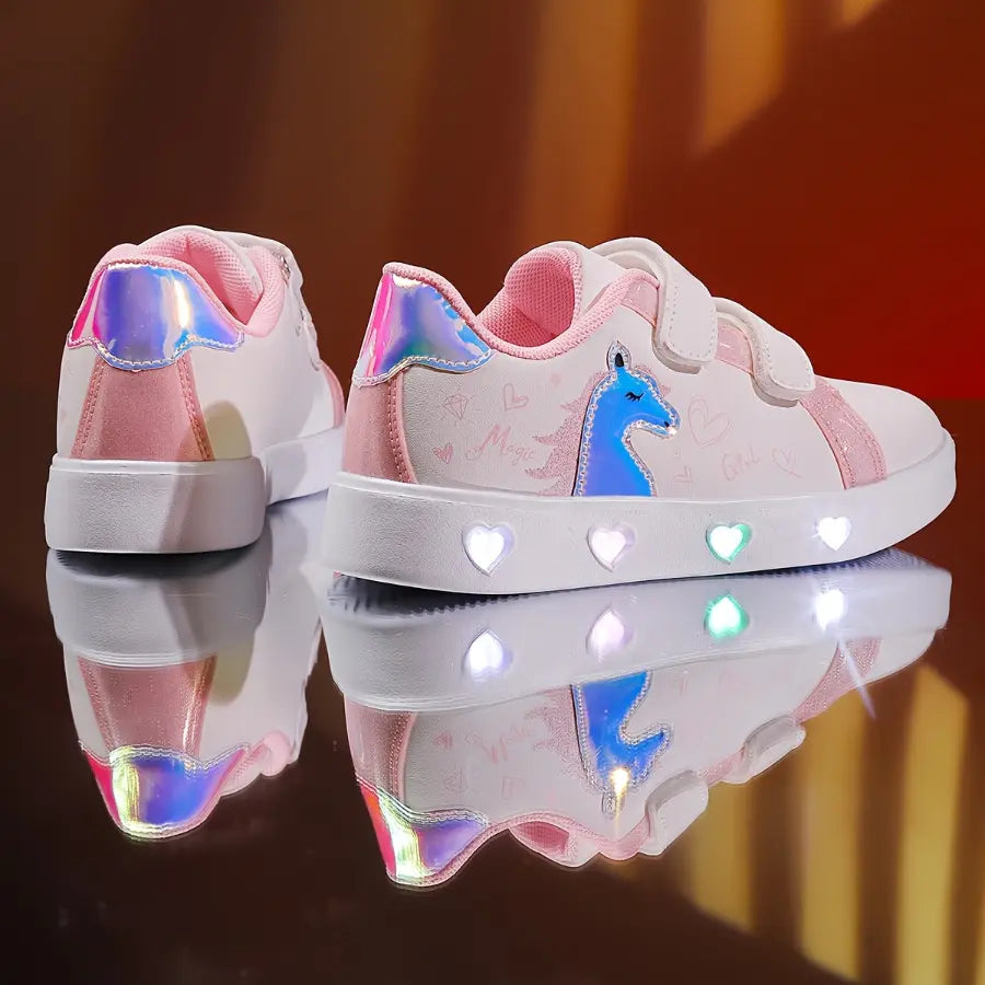 Tênis Infantil Feminino Luminoso LED Casual Estampa Unicórnio Coração Velcro Rosa e Dourado 23 ao 34 — foto 8
