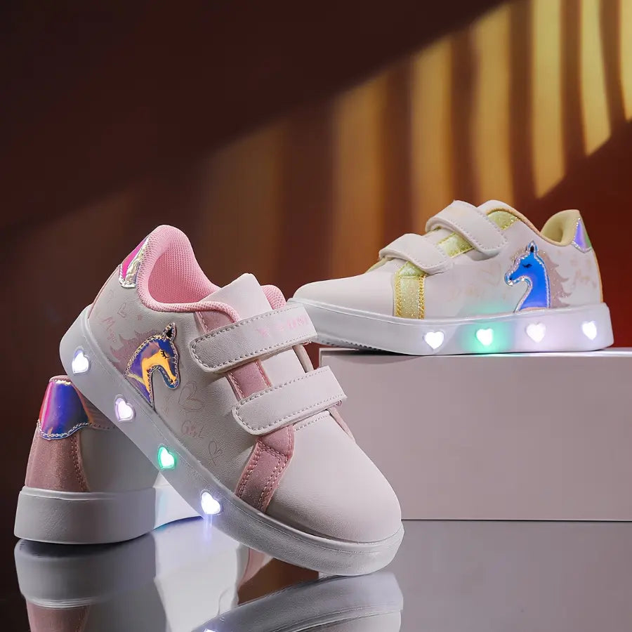 Tênis Infantil Feminino Luminoso LED Casual Estampa Unicórnio Coração Velcro Rosa e Dourado 23 ao 34 — foto 9