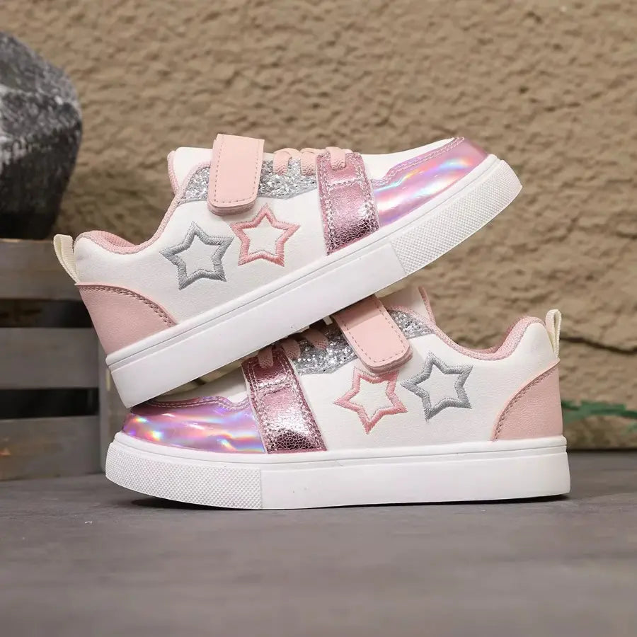 Tênis Infantil Feminino Casual Velcro Estrela Bordada Glitter PU Rosa 20 ao 32 — foto 2