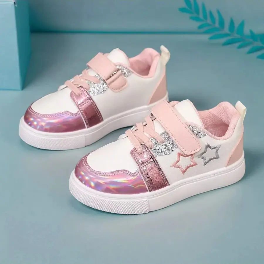 Tênis Infantil Feminino Casual Velcro Estrela Bordada Glitter PU Rosa 20 ao 32 — foto 3