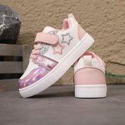 Tênis Infantil Feminino Casual Velcro Estrela Bordada Glitter PU Rosa 20 ao 32 — foto 5