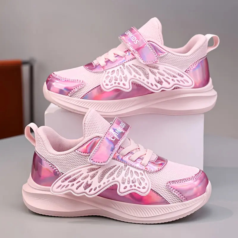 Tênis Infantil Feminino Borboleta Iridescente Leve Respirável Malha Fecho em Velcro Rosa 27 ao 33 — foto 1