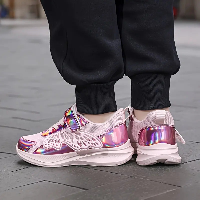 Tênis Infantil Feminino Borboleta Iridescente Leve Respirável Malha Fecho em Velcro Rosa 27 ao 33 — foto 4