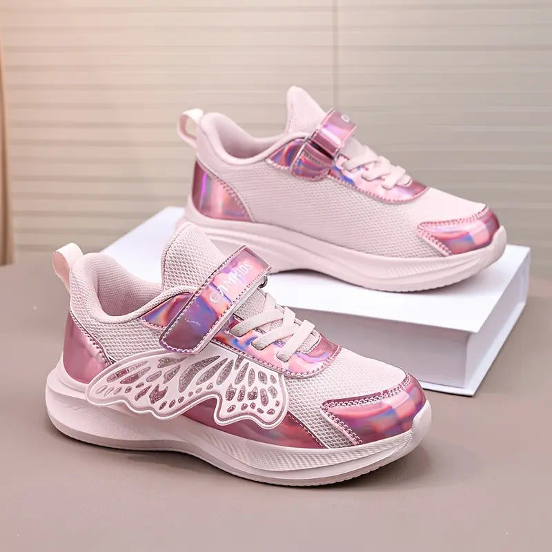 Tênis Infantil Feminino Borboleta Iridescente Leve Respirável Malha Fecho em Velcro Rosa 27 ao 33 — foto 5