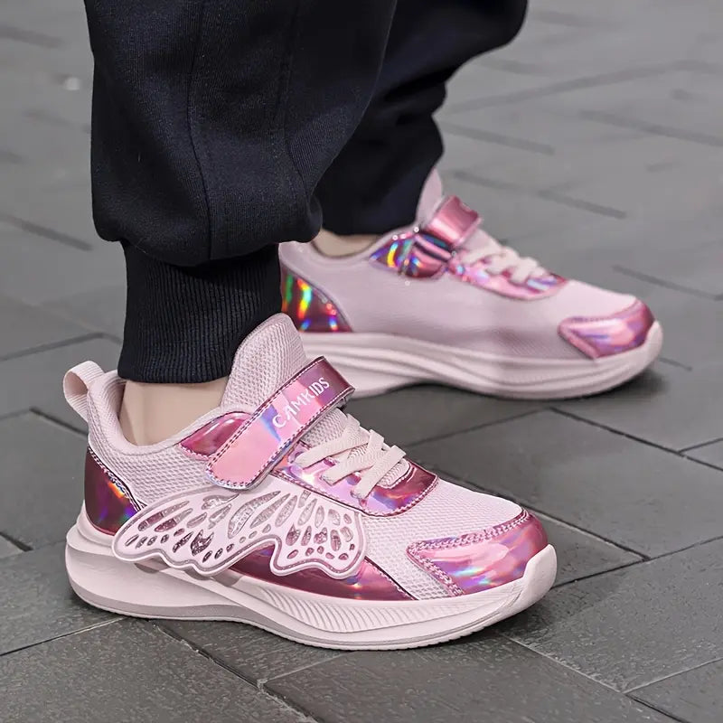 Tênis Infantil Feminino Borboleta Iridescente Leve Respirável Malha Fecho em Velcro Rosa 27 ao 33 — foto 7