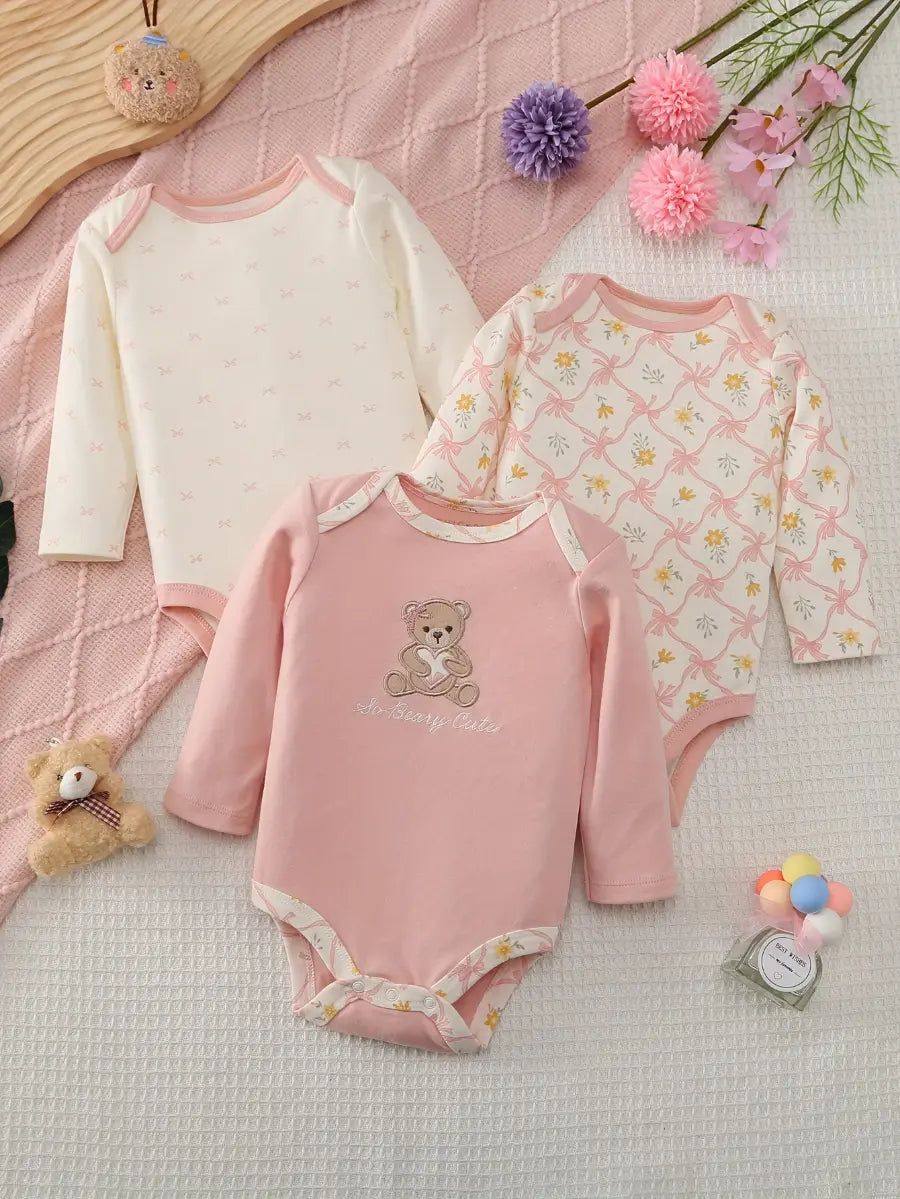 Kit 3 Bodies Bebê Menina Manga Longa Gola Redonda Algodão Estampa Urso e Floral 0 a 9 Meses — foto 1