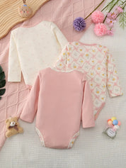 Kit 3 Bodies Bebê Menina Manga Longa Gola Redonda Algodão Estampa Urso e Floral 0 a 9 Meses — foto 2