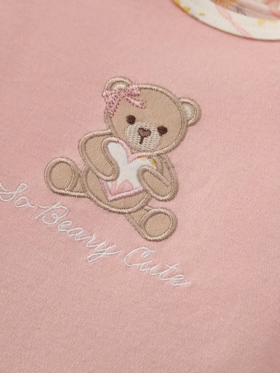 Kit 3 Bodies Bebê Menina Manga Longa Gola Redonda Algodão Estampa Urso e Floral 0 a 9 Meses — foto 3