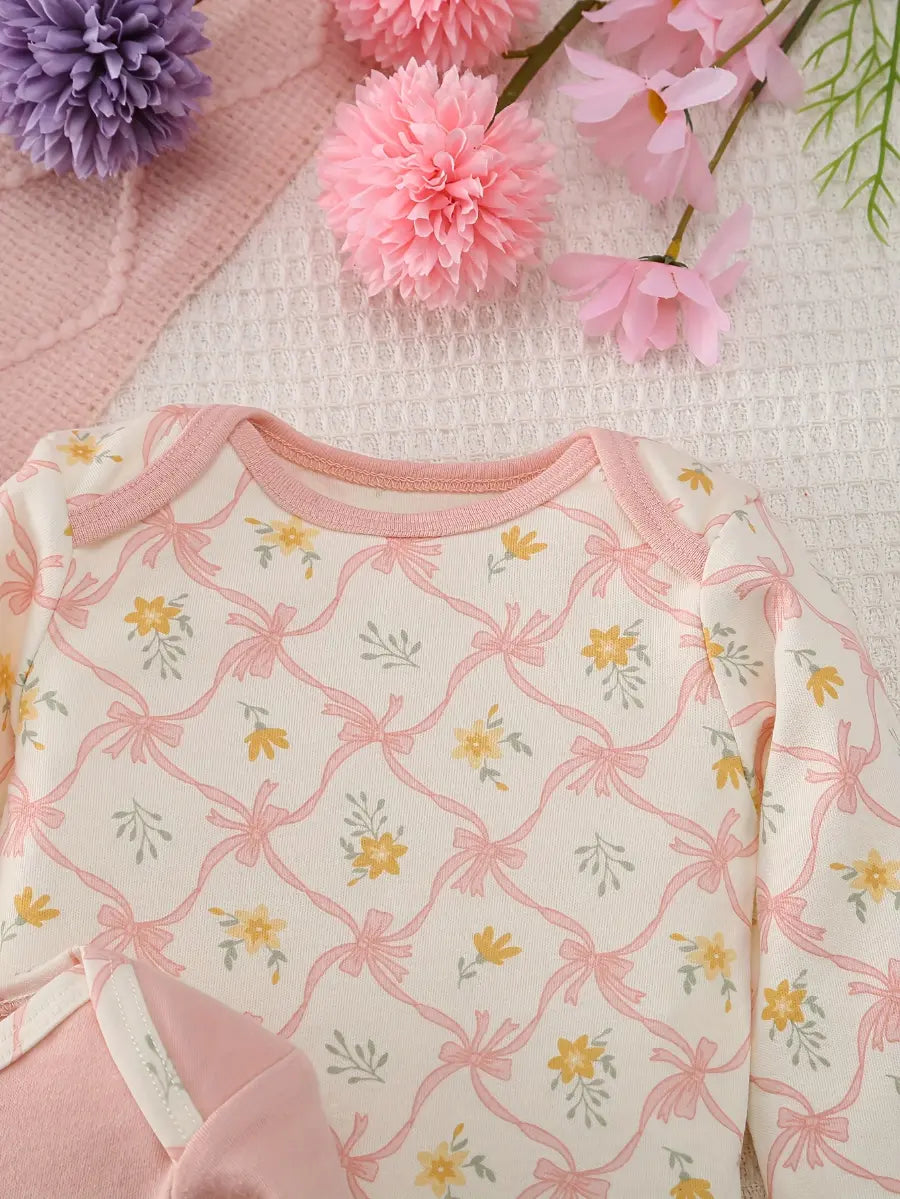 Kit 3 Bodies Bebê Menina Manga Longa Gola Redonda Algodão Estampa Urso e Floral 0 a 9 Meses — foto 4
