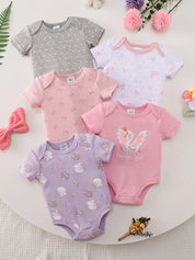 Body Bebê Menina Manga Curta Gola Redonda Algodão Estampa Cisne Laços Kit 5 Peças Rosa 0 a 12 Meses — foto 1