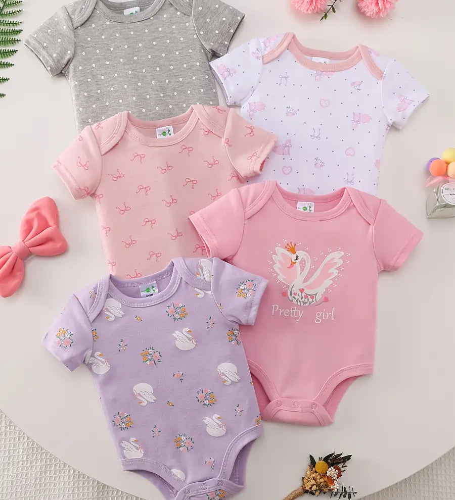 Body Bebê Menina Manga Curta Gola Redonda Algodão Estampa Cisne Laços Kit 5 Peças Rosa 0 a 12 Meses — foto 1