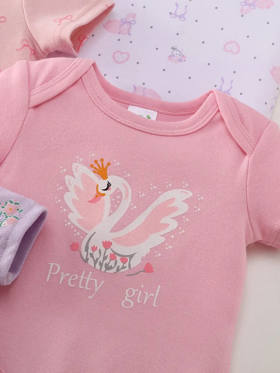 Body Bebê Menina Manga Curta Gola Redonda Algodão Estampa Cisne Laços Kit 5 Peças Rosa 0 a 12 Meses — foto 3