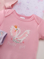 Body Bebê Menina Manga Curta Gola Redonda Algodão Estampa Cisne Laços Kit 5 Peças Rosa 0 a 12 Meses — foto 3