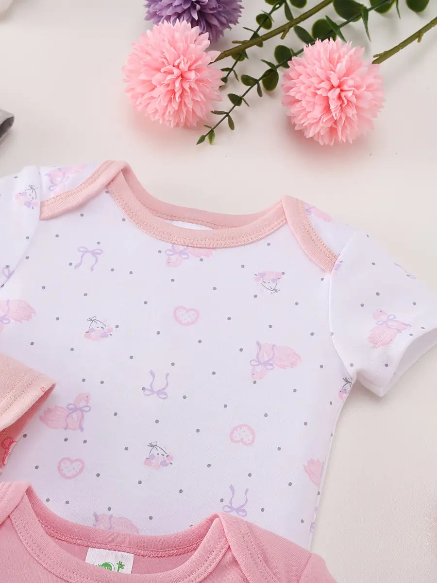 Body Bebê Menina Manga Curta Gola Redonda Algodão Estampa Cisne Laços Kit 5 Peças Rosa 0 a 12 Meses — foto 5