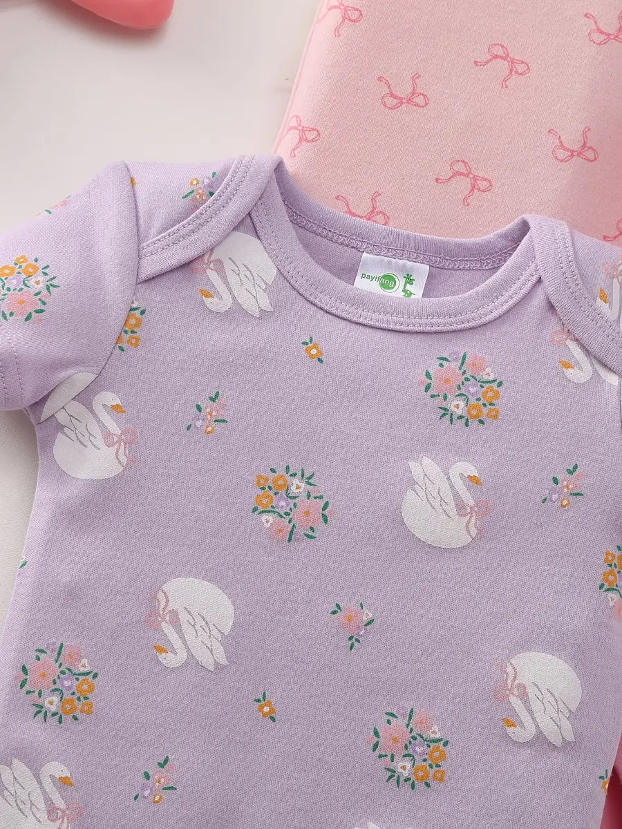 Body Bebê Menina Manga Curta Gola Redonda Algodão Estampa Cisne Laços Kit 5 Peças Rosa 0 a 12 Meses — foto 8