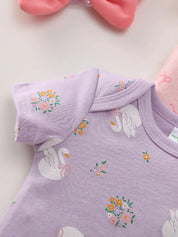 Body Bebê Menina Manga Curta Gola Redonda Algodão Estampa Cisne Laços Kit 5 Peças Rosa 0 a 12 Meses — foto 9