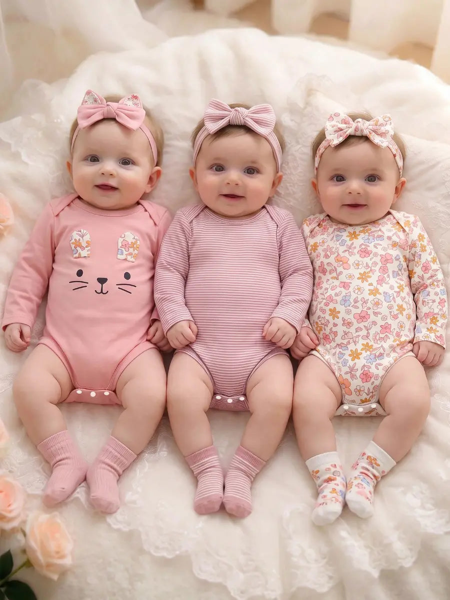 Body Bebê Menina Manga Longa Gola Redonda Kit 3 Peças Estampa Floral Listrado Gatinho 0 aos 18 Meses — foto 1