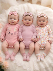 Body Bebê Menina Manga Longa Gola Redonda Kit 3 Peças Estampa Floral Listrado Gatinho 0 aos 18 Meses — foto 1