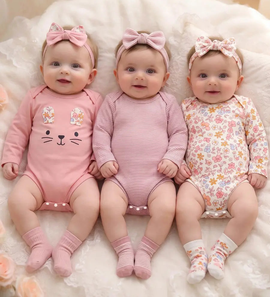 Body Bebê Menina Manga Longa Gola Redonda Kit 3 Peças Estampa Floral Listrado Gatinho 0 aos 18 Meses — foto 1
